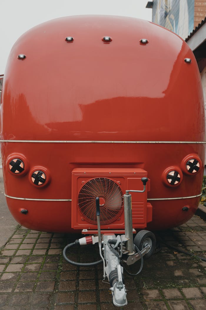 A vibrant red food truck parked on a paved street, showcasing its unique design.